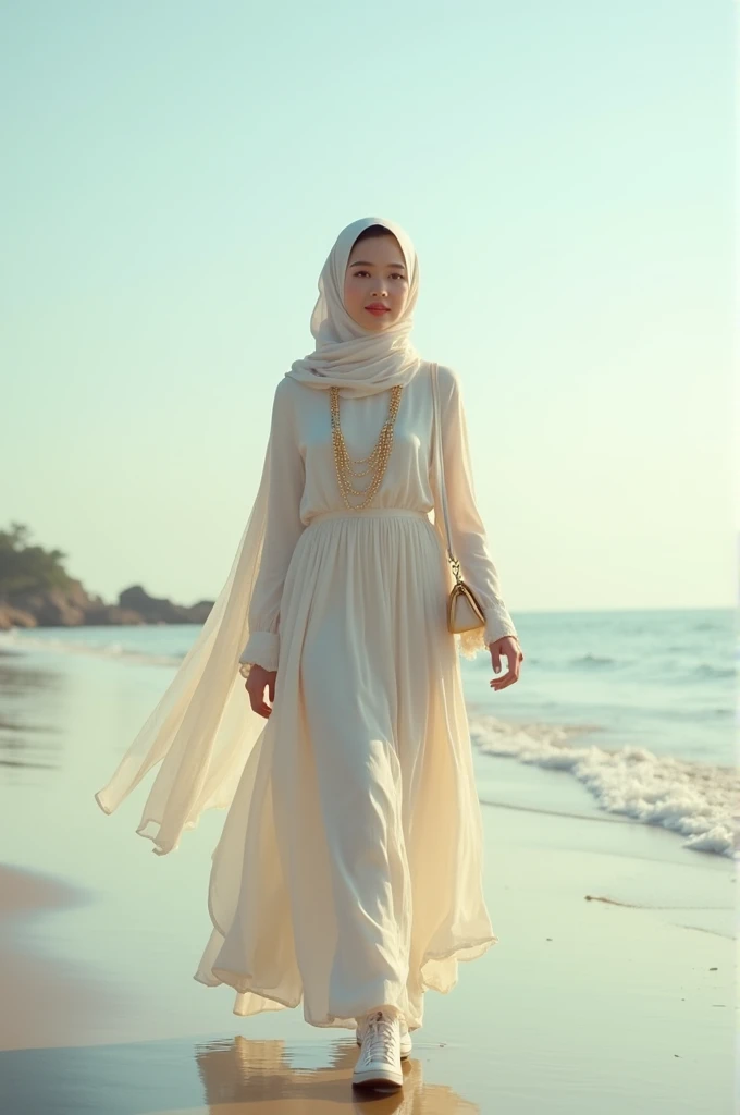 Generate an image of a beautiful asian malay girl, is walking on the beach. She is really beauty like a princess and she is wearing a hijab. Her outfit is a dress like a princess and a skirt. She's wearing a gold in her arm and wearing a cute slingbag on her right. She's wearing a high cut white converse.