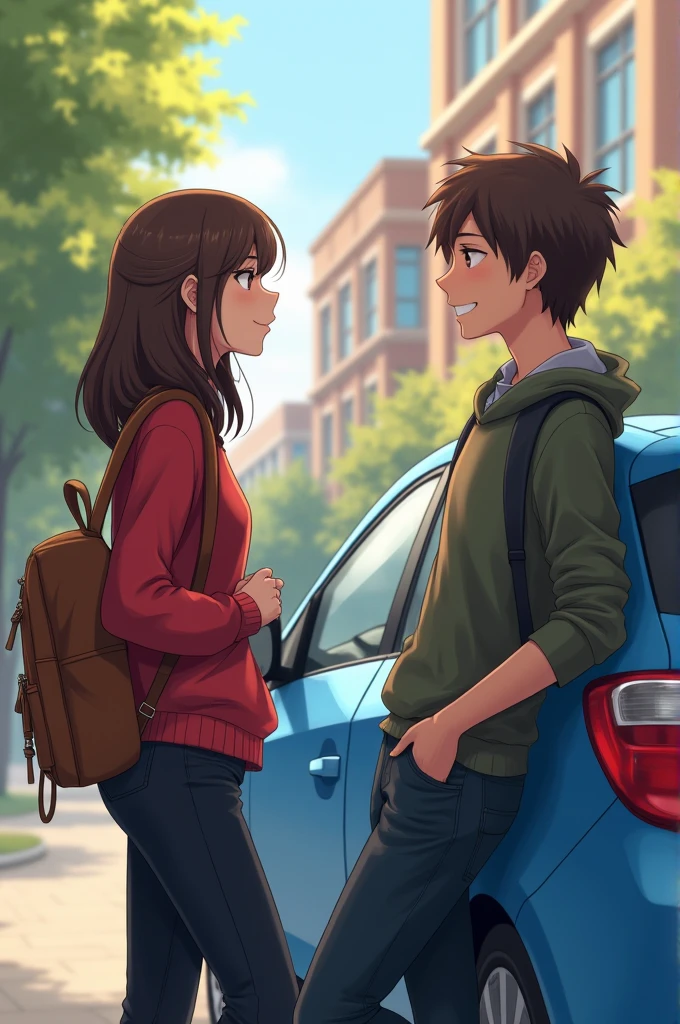 A girl with slightly long brown hair and brown eyes, of average height and with a brown backpack on his back, dressed in black jeans and a red long-sleeved sweater standing next to a blue car, with a slightly taller boy,with brown hair, and slightly disorganized leaning against the car saying something to the girl and in the background,a university residence with a campus