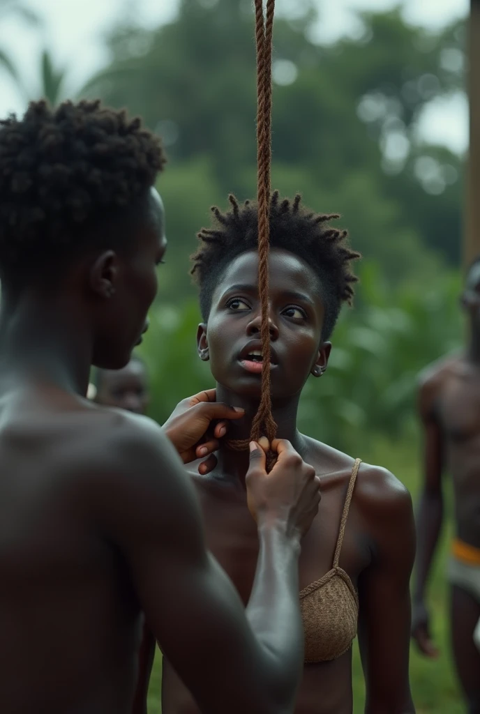 man tightening rope noose around congolese woman's neck, short hair, curly mullet , , naked, 1 woman, man putting rope around woman's neck, woman serious expression, woman empty expression, wide-eyed, scared, execution by hanging, gallows