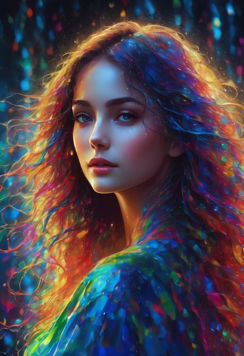 high quality, 8K Ultra HD, Imagine a night background in a vibrant windowpane illuminated by colorful raindrops, forming the silhouette of a beautiful woman, long, slightly curly hair lit from behind. The lines are threads of dynamic energy and iridescent colors, reminiscent of a digital dance. in tones ranging from electric blue to radiant reds and vivid greens, it brings a woman's form to life. Its silhouette appears as a synthesis of feminine beauty. highly detailed,