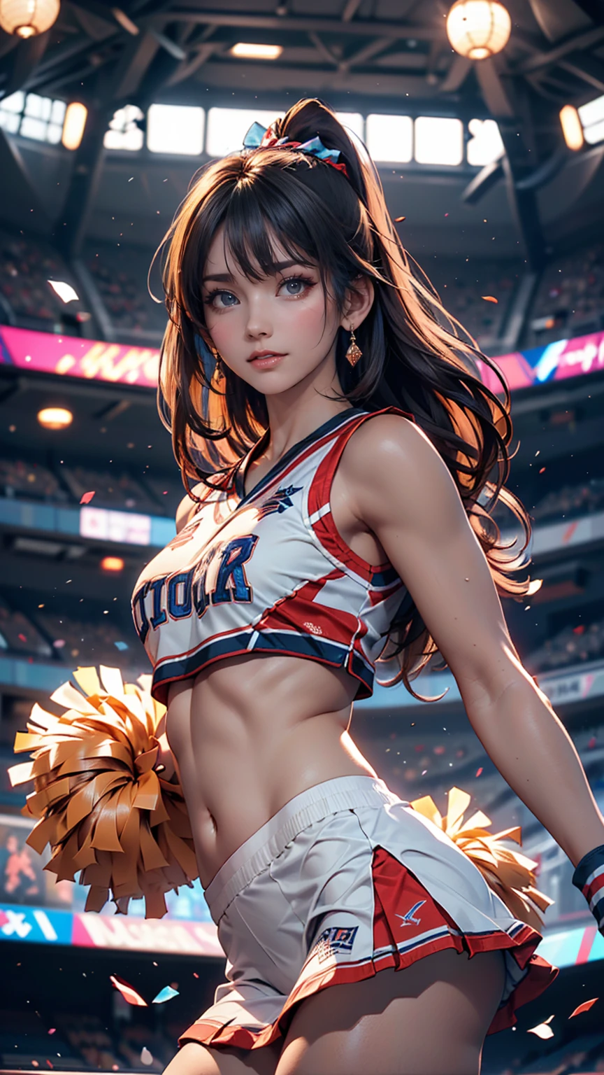 Cheerleader,A small smile,cheer leading,Cheerleader uniform, (((masterpiece))), (((Highest quality))), ((Very detailed)), (figure), ((Very delicate and beautiful)),(Bokeh,Blurred Background),(Best Shadow), One person,White panties, Black Hair, Long Hair, cute,cute,change, Shining highlight spots around the eyes, Character Focus,Tilt your head,