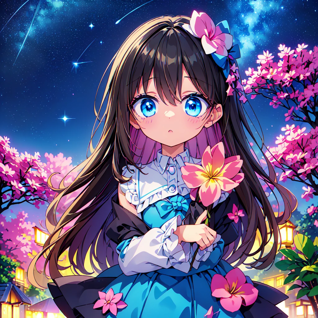 Cute characters、(((Highest quality、Masterpiece、Super detailed、S composition、X Composition、Triangular composition、Square Composition)))、Draw plumeria flower、I look up at the starry sky。Surround her with colorful nebulae and colorful forests。pink、light blue、Blue fantastic light source background、glitter