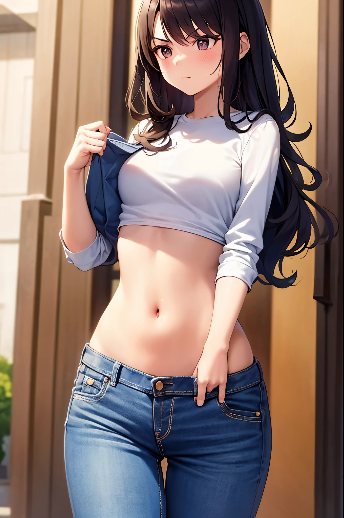 Very detailed illustrations, bright colors, Masterpiece, Sharp focus, best quality, depth of field, movie light, very detailed, crop top, long sleeve, navel, ปุ่มabdomen, abdomen, 1 woman, alone, milf, Thin, Blush, annoying, mature woman, tall woman, looking down, V-shaped eyebrows, small breasts, dark hair, carrying a bag, long hair, annoying, white shirt, Horizontal, Model poses, curly hair, Jeans