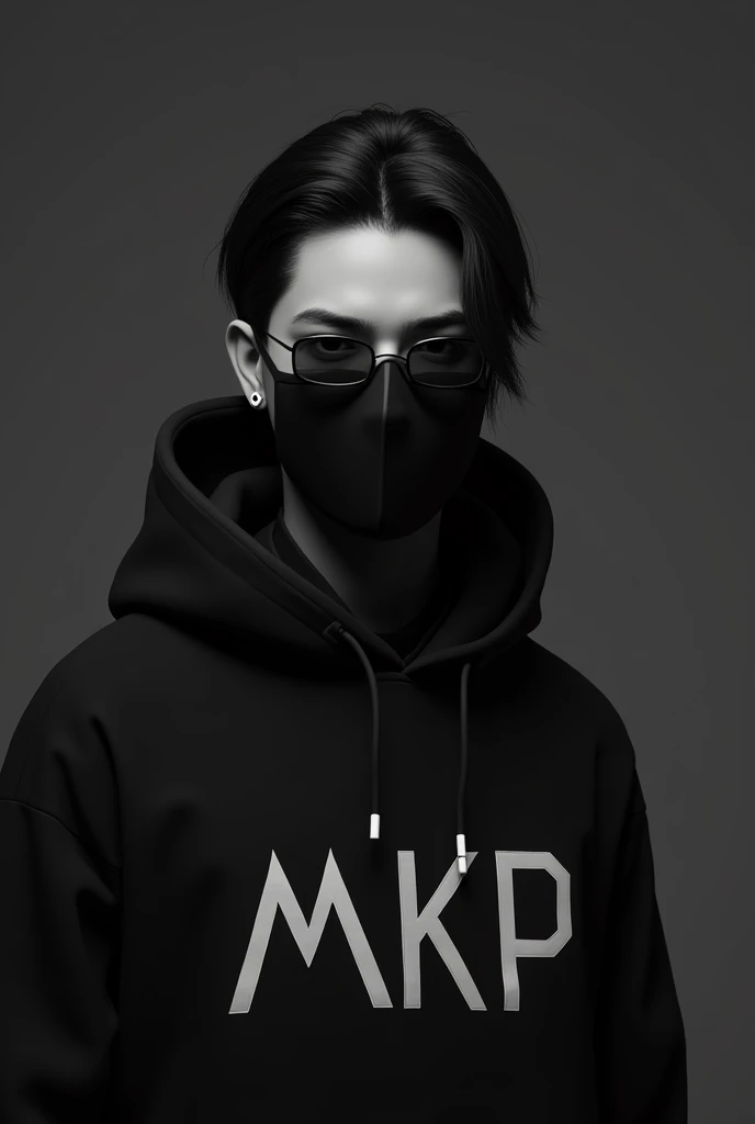 A monochromatic digital artwork featuring a boy age 24 with good face and with a serious expression, wearing a black hoodie and a black face mask . The character has sleek black hair and futuristic sunglasses . The hoodie has a unique design of a MKP . The background is a smooth, dark, adding to the overall mysterious and cool vibe of the image