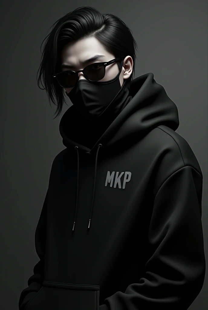 A monochromatic digital artwork featuring a boy age 24 with good face and with a serious expression, wearing a black hoodie and a black face mask . The character has sleek black hair and futuristic sunglasses . The hoodie has a unique design of a MKP . The background is a smooth, dark, adding to the overall mysterious and cool vibe of the image