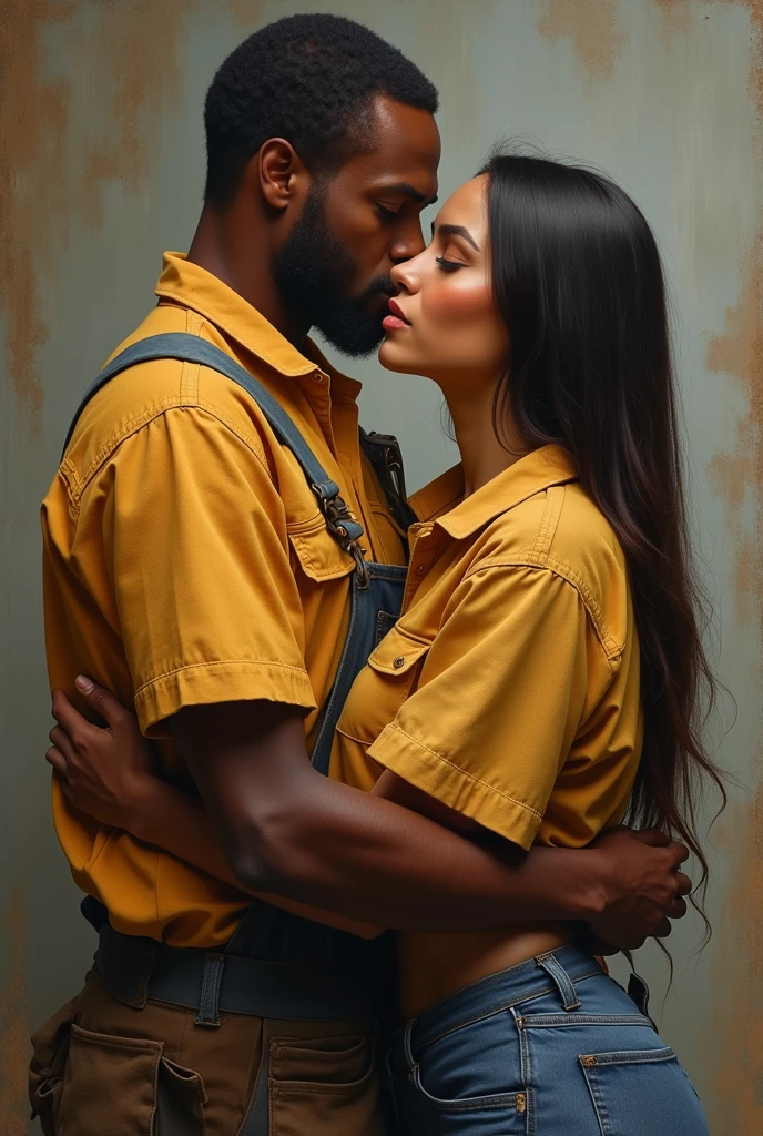 ( realistic paint) A beautiful  African woman, fair in complexion with a long straight 
hair on a big shirt and bum short revealing her hips hugging her husband who just came back from work 