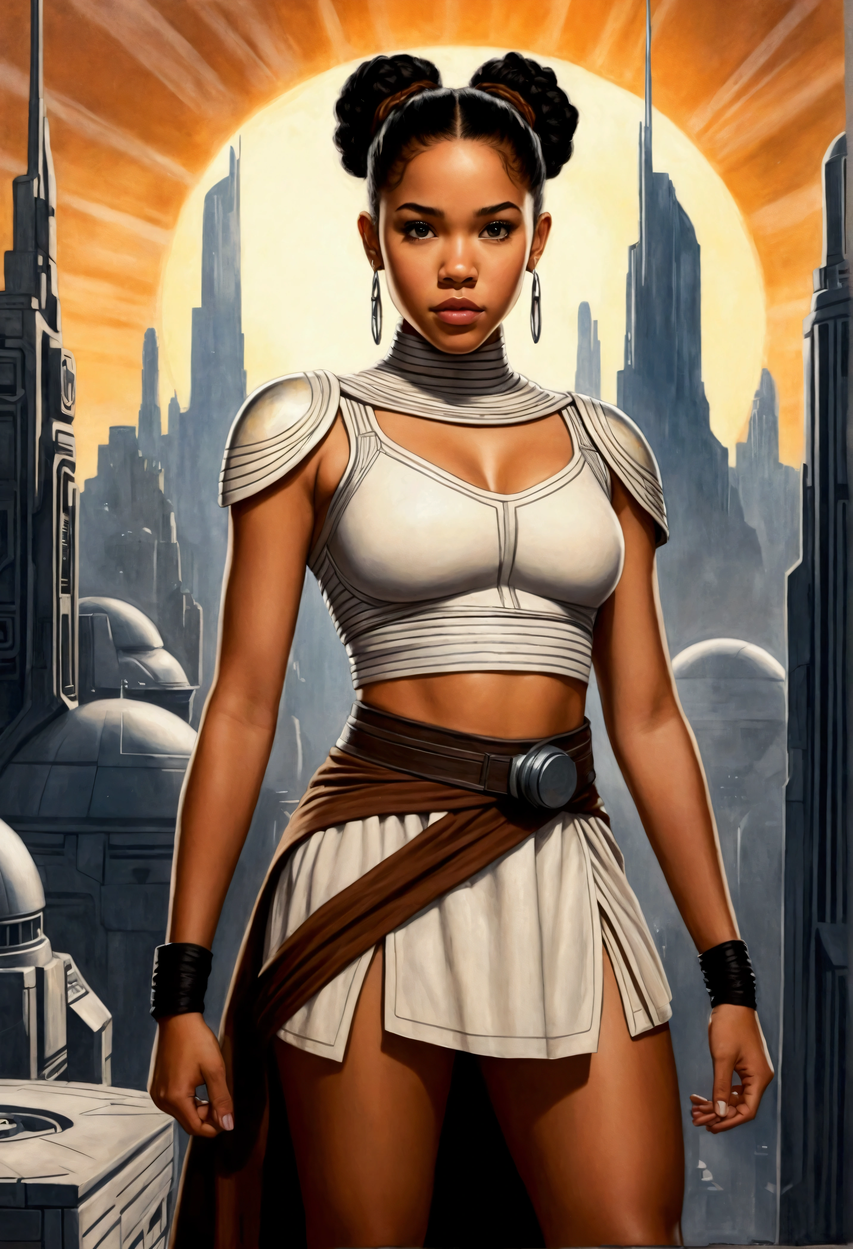 An illustrated movie poster, hand-drawn, full color, a teenage Jedi, 18-years-old, female, wearing a crop top and a skirt, athletic hourglass figure, busty bosoms, full wide hips, massive round butt, long shapely legs, ridiculously thick powerful thighs, hazel eyes, dark hair, curly ponytail, warm brown complexion, resembles Alexandra Shipp, standing above Coruscant, graphite shading, stencil marks, airbrushed acrylic paint, masterpiece, in the style of Drew Struzan