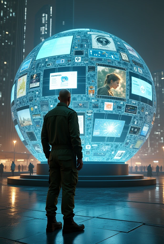 sphere full of technological screens each with different images, and a bald man dressed in modern military green overalls on the side and outside of that sphere looking at her