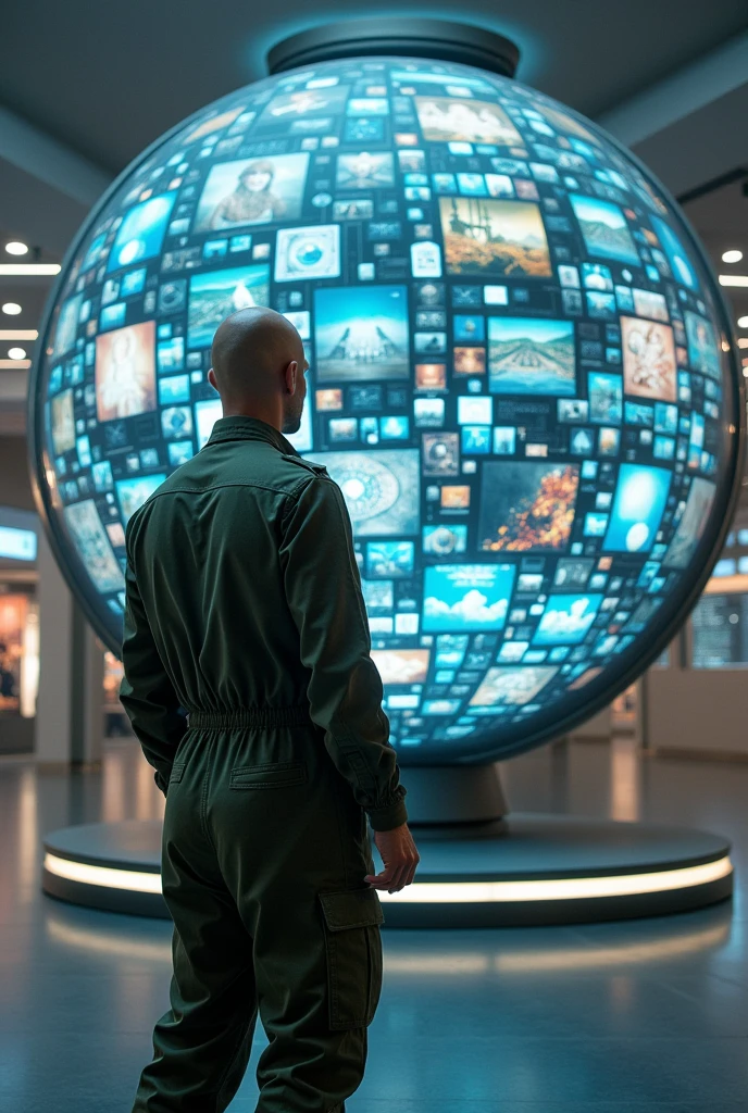 sphere full of technological screens each with different images, and a bald man dressed in modern military green overalls on the side and outside of that sphere looking at her