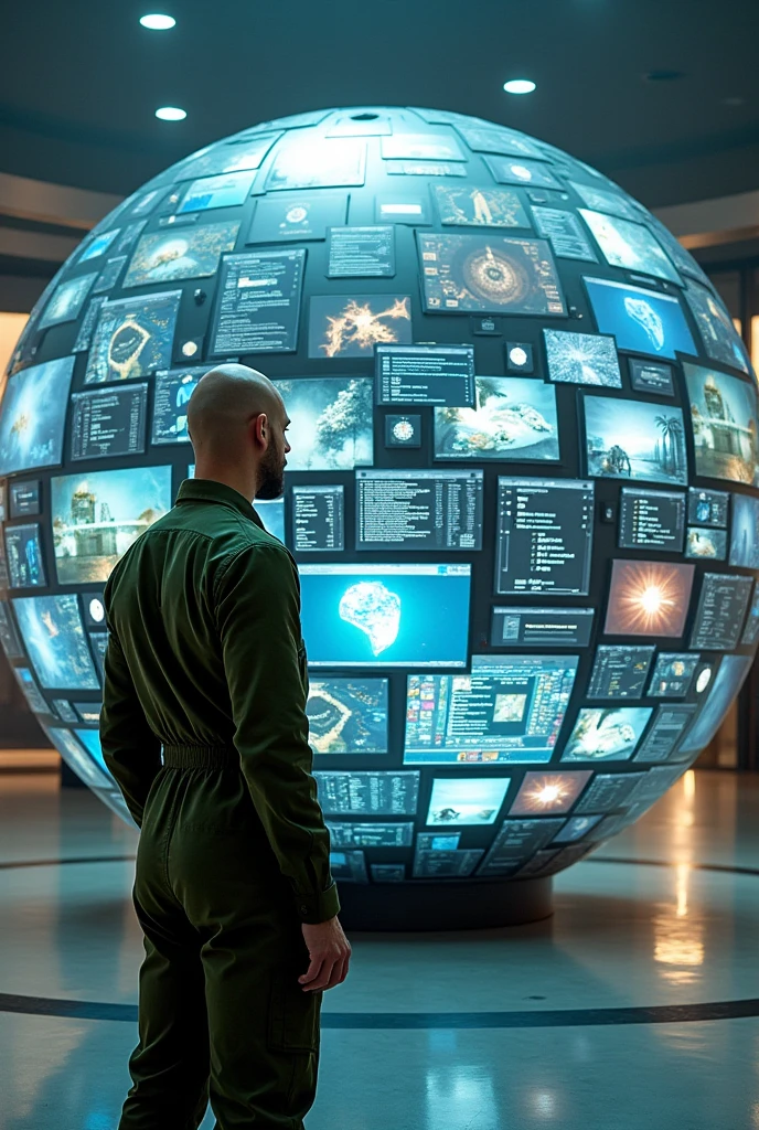 sphere full of technological screens each with different images, and a bald man dressed in modern military green overalls on the side and outside of that sphere looking at her