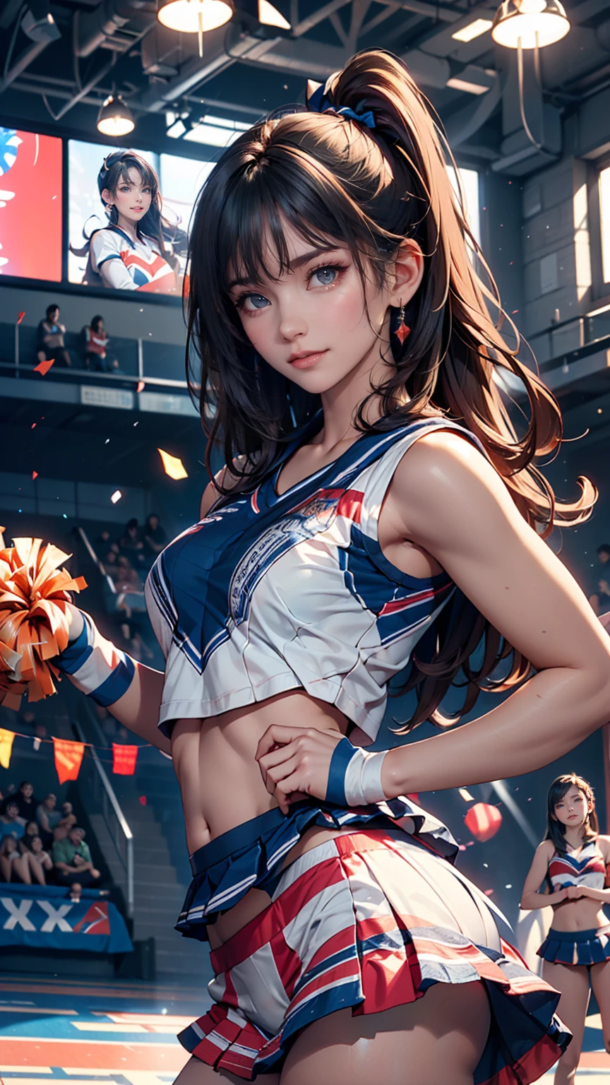 Cheerleader,A small smile,cheer leading,Cheerleader uniform, (((masterpiece))), (((Highest quality))), ((Very detailed)), (figure), ((Very delicate and beautiful)),(Bokeh,Blurred Background),(Best Shadow), One person,White panties, Black Hair, Long Hair, cute,cute,change, Shining highlight spots around the eyes, Character Focus,Tilt your head,