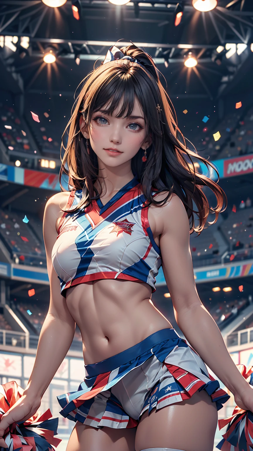 Cheerleader,A small smile,cheer leading,Cheerleader uniform, (((masterpiece))), (((Highest quality))), ((Very detailed)), (figure), ((Very delicate and beautiful)),(Bokeh,Blurred Background),(Best Shadow), One person,White panties, Black Hair, Long Hair, cute,cute,change, Shining highlight spots around the eyes, Character Focus,Tilt your head,