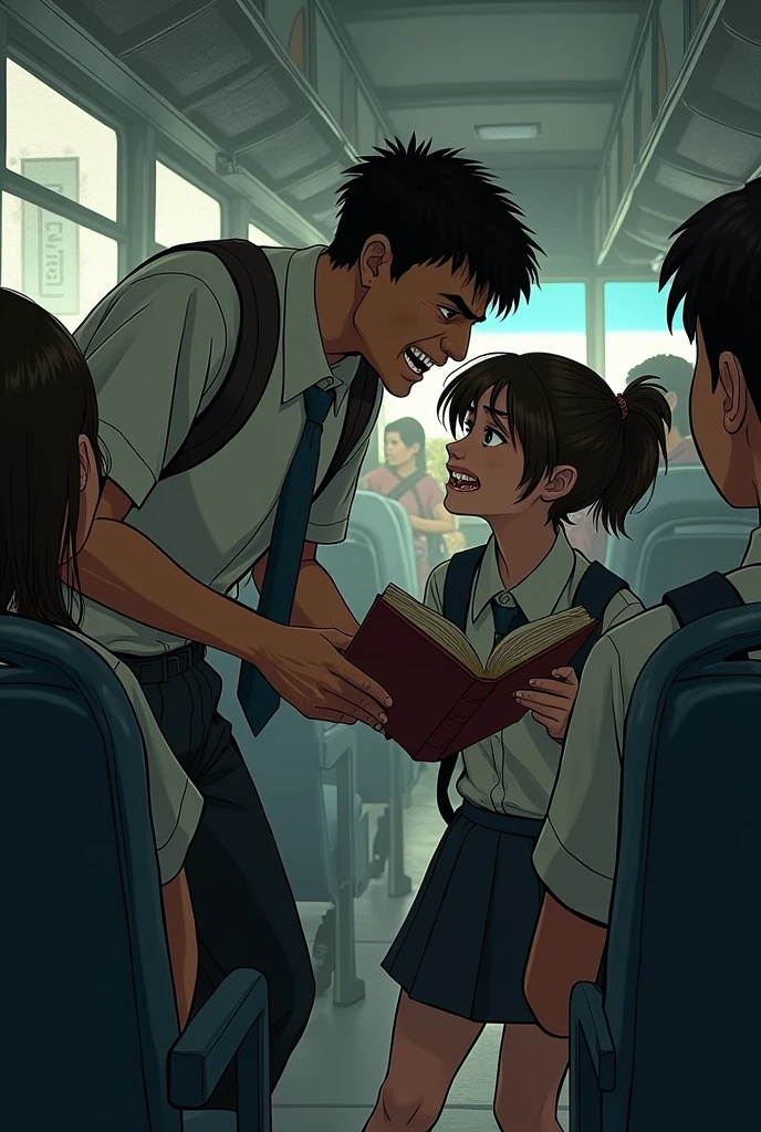 (in a bus) (wearing school uniform) (closeup to the middle school bully) (the bully try to snatch a book) (from a middle school boy)