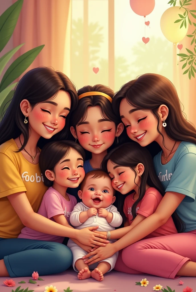 create an image in which 5 girls which are sisters of 15to20 age sisters name written on his shirts are one younger name is sobia, one name is Malaika, glasses girls name is Meerab and two little sistersof age 15 and 16 name is ifrah and afreen love with a new born baby , one girl is wearing eye spactles and background is full of happiness