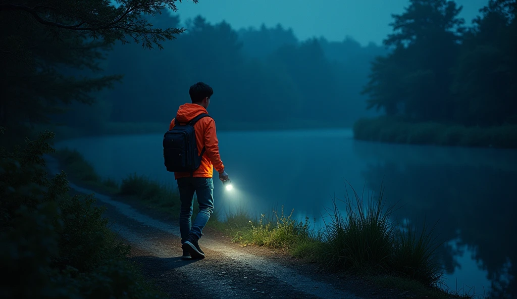 A young man in a fluorescent jacket uses a flashlight to illuminate the path along the river.