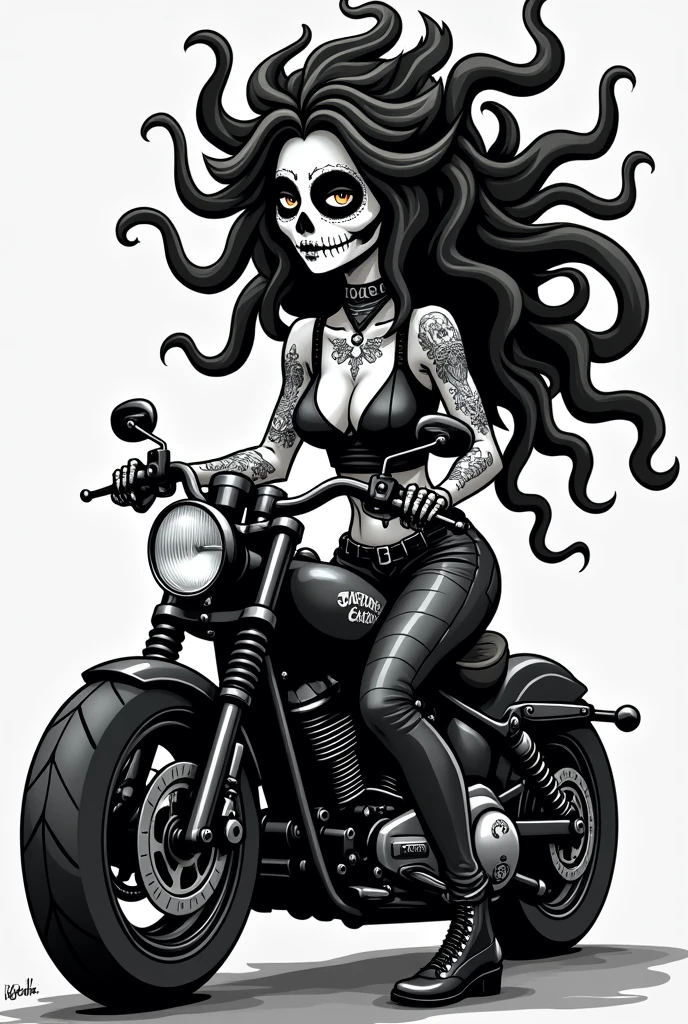 (Black and white doodle style cartoon) Woman with hair with several Medusa-style snakes, hair care, hair with snakes attacking, mexican santa muerte style skull face, leather outfit, moto custom, tattooed