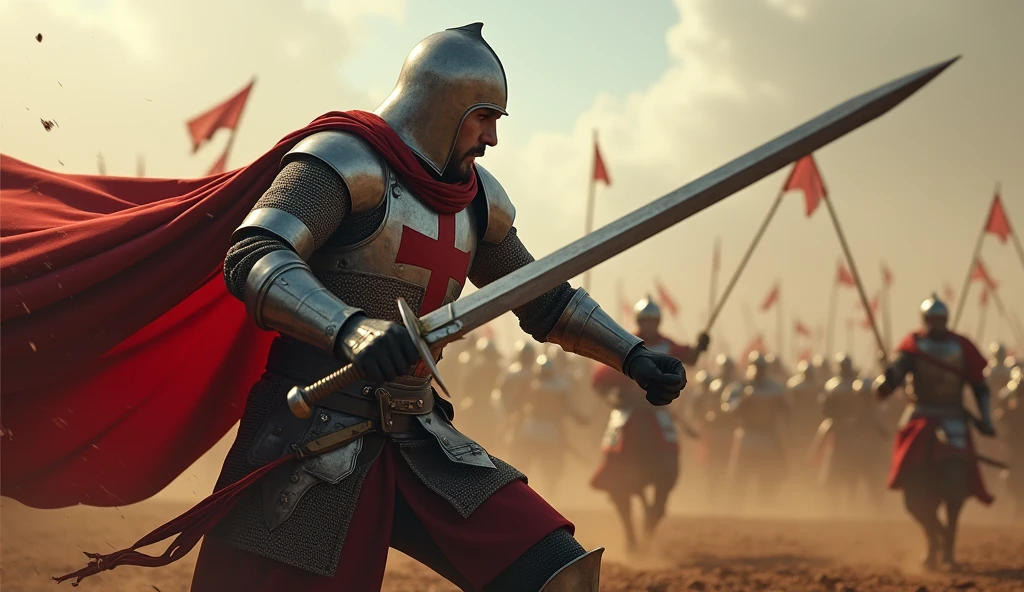 "A highly realistic, high-contrast, 8K HD, detailed, hyper-detailed image of the Crusader protagonist in full focus as he powerfully swings his sword downward on the battlefield. The protagonist is clad in steel armor with a red cross prominently displayed on his chest, his face showing intense determination. The background is a chaotic battlefield, but the focus remains on the protagonist, capturing the moment of impact as his sword slices through the air. The atmosphere is filled with tension and energy, with dust and debris swirling around, adding to the drama of the scene. The image is of the highest quality, with ultra-high resolution, RAW photo quality, and Unreal Engine rendering, highlighting the strength and resolve of the protagonist as he fights with unwavering determination."