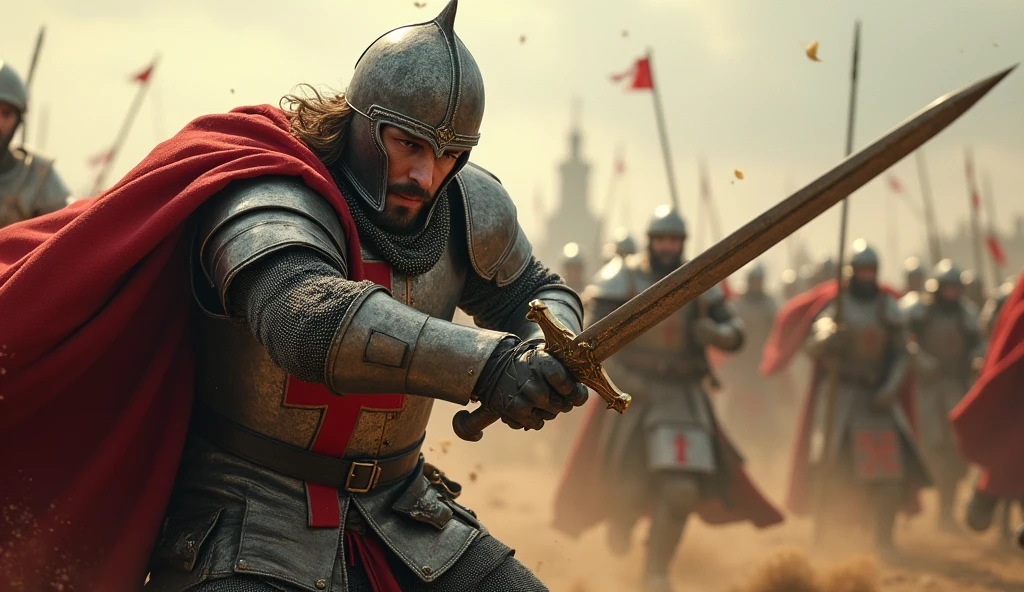 "A highly realistic, high-contrast, 8K HD, detailed, hyper-detailed image of the Crusader protagonist in full focus as he powerfully swings his sword downward on the battlefield. The protagonist is clad in steel armor with a red cross prominently displayed on his chest, his face showing intense determination. The background is a chaotic battlefield, but the focus remains on the protagonist, capturing the moment of impact as his sword slices through the air. The atmosphere is filled with tension and energy, with dust and debris swirling around, adding to the drama of the scene. The image is of the highest quality, with ultra-high resolution, RAW photo quality, and Unreal Engine rendering, highlighting the strength and resolve of the protagonist as he fights with unwavering determination."