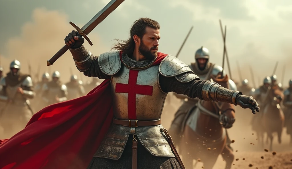 "A highly realistic, high-contrast, 8K HD, detailed, hyper-detailed image of the Crusader protagonist in full focus as he powerfully swings his sword downward on the battlefield. The protagonist is clad in steel armor with a red cross prominently displayed on his chest, his face showing intense determination. The background is a chaotic battlefield, but the focus remains on the protagonist, capturing the moment of impact as his sword slices through the air. The atmosphere is filled with tension and energy, with dust and debris swirling around, adding to the drama of the scene. The image is of the highest quality, with ultra-high resolution, RAW photo quality, and Unreal Engine rendering, highlighting the strength and resolve of the protagonist as he fights with unwavering determination."