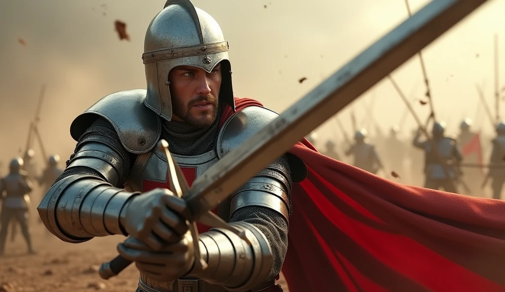 "A highly realistic, high-contrast, 8K HD, detailed, hyper-detailed image of the Crusader protagonist in full focus as he powerfully swings his sword downward on the battlefield. The protagonist is clad in steel armor with a red cross prominently displayed on his chest, his face showing intense determination. The background is a chaotic battlefield, but the focus remains on the protagonist, capturing the moment of impact as his sword slices through the air. The atmosphere is filled with tension and energy, with dust and debris swirling around, adding to the drama of the scene. The image is of the highest quality, with ultra-high resolution, RAW photo quality, and Unreal Engine rendering, highlighting the strength and resolve of the protagonist as he fights with unwavering determination."