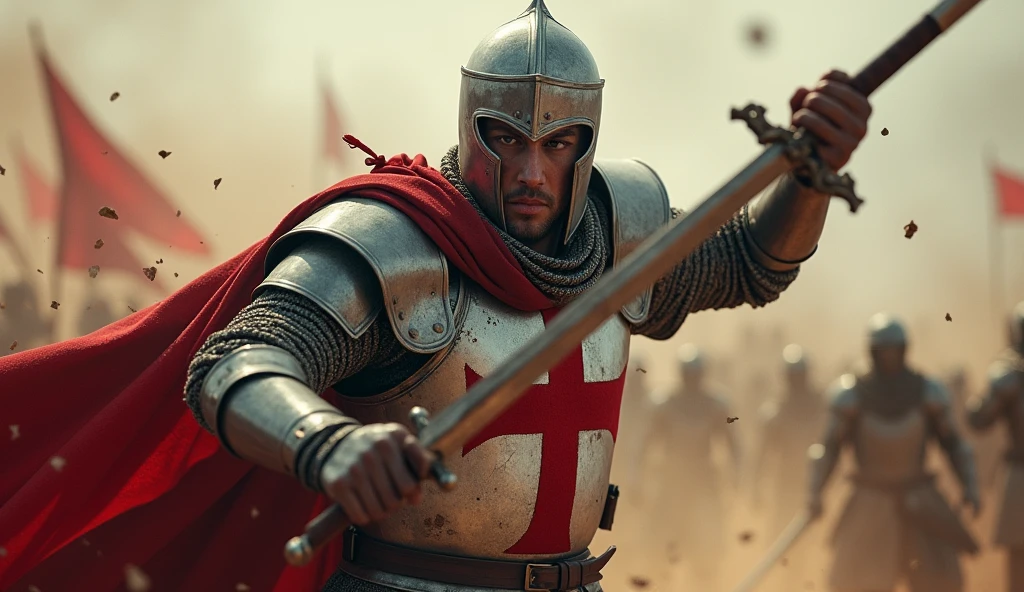 "A highly realistic, high-contrast, 8K HD, detailed, hyper-detailed image of the Crusader protagonist in full focus as he powerfully swings his sword downward on the battlefield. The protagonist is clad in steel armor with a red cross prominently displayed on his chest, his face showing intense determination. The background is a chaotic battlefield, but the focus remains on the protagonist, capturing the moment of impact as his sword slices through the air. The atmosphere is filled with tension and energy, with dust and debris swirling around, adding to the drama of the scene. The image is of the highest quality, with ultra-high resolution, RAW photo quality, and Unreal Engine rendering, highlighting the strength and resolve of the protagonist as he fights with unwavering determination."