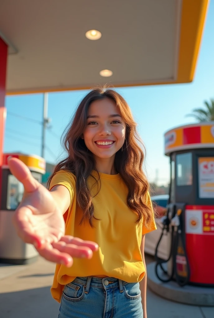 AN IMAGE WHERE A GIRL IS OFFERING GAS SALE WITH HER HAND