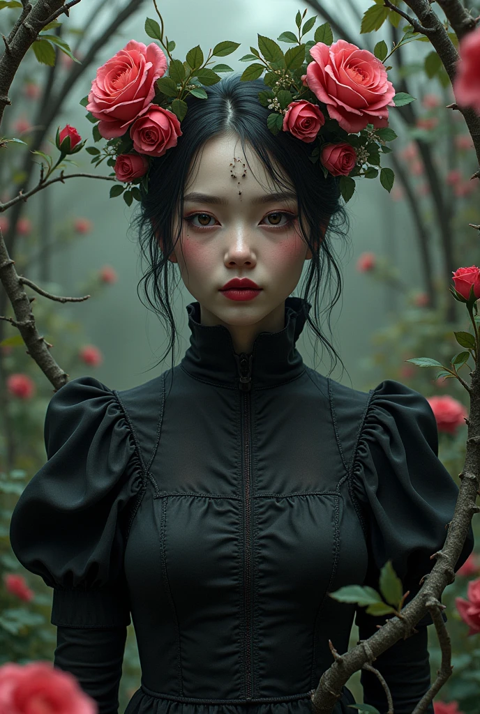 make a fantasy character inspired by roses, a cunning character, a closed shirt