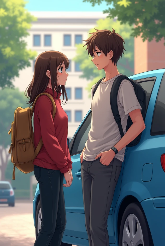 A girl with slightly long brown hair and brown eyes, of average height and with a brown backpack on his back, dressed in black jeans and a red long-sleeved sweater standing next to a blue car, with a slightly taller boy,with brown hair, and slightly disorganized leaning against the car saying something to the girl and in the background,a university residence with a campus