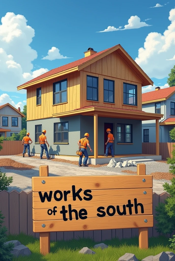 men building a modern house, the house that looks half built, so that the neighboring houses can be seen in the background, and in front you can see a wooden sign with the text "Works of the South", on a sunny day , with few clouds.