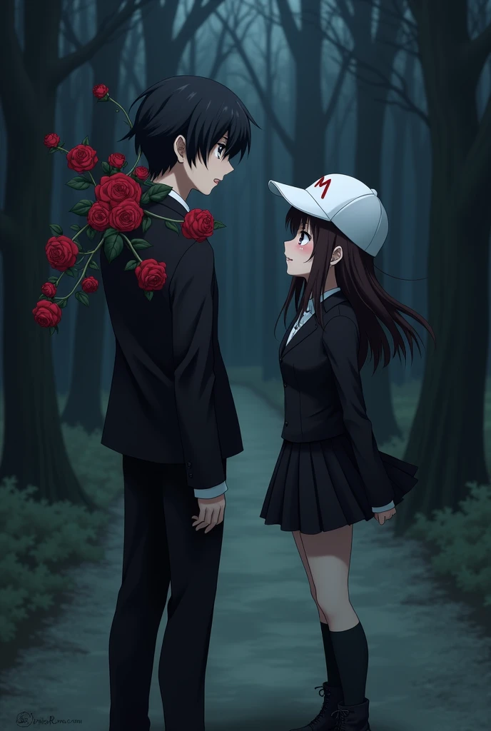 an anime man with black hair and dark maroon eyes and he is wearing a black suit with dark red rose vines twirling around his shoulders and he is wearing a white cap which has a M written on it in red and he is arguing with and an anime woman with long middle brunette hair and dark brown eyes and she is wearing a black outfit with black socks and black boots and she has the same cap as the anime man and they both are crying tears and they are standing in a dark forest and the man is saying "I think we should be just friends" and they are wearing white caps which have a M written on them in red and tears are coming out of their eyes and they are in sorrow and the woman is crying quietly with her head bent