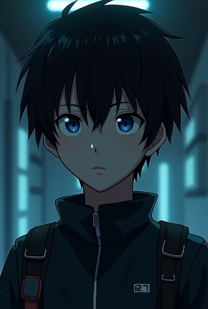 Anime boy, cyberpunk, in room, from head to waist ,boy, logo, black hair, looking smart, for dp,
Young