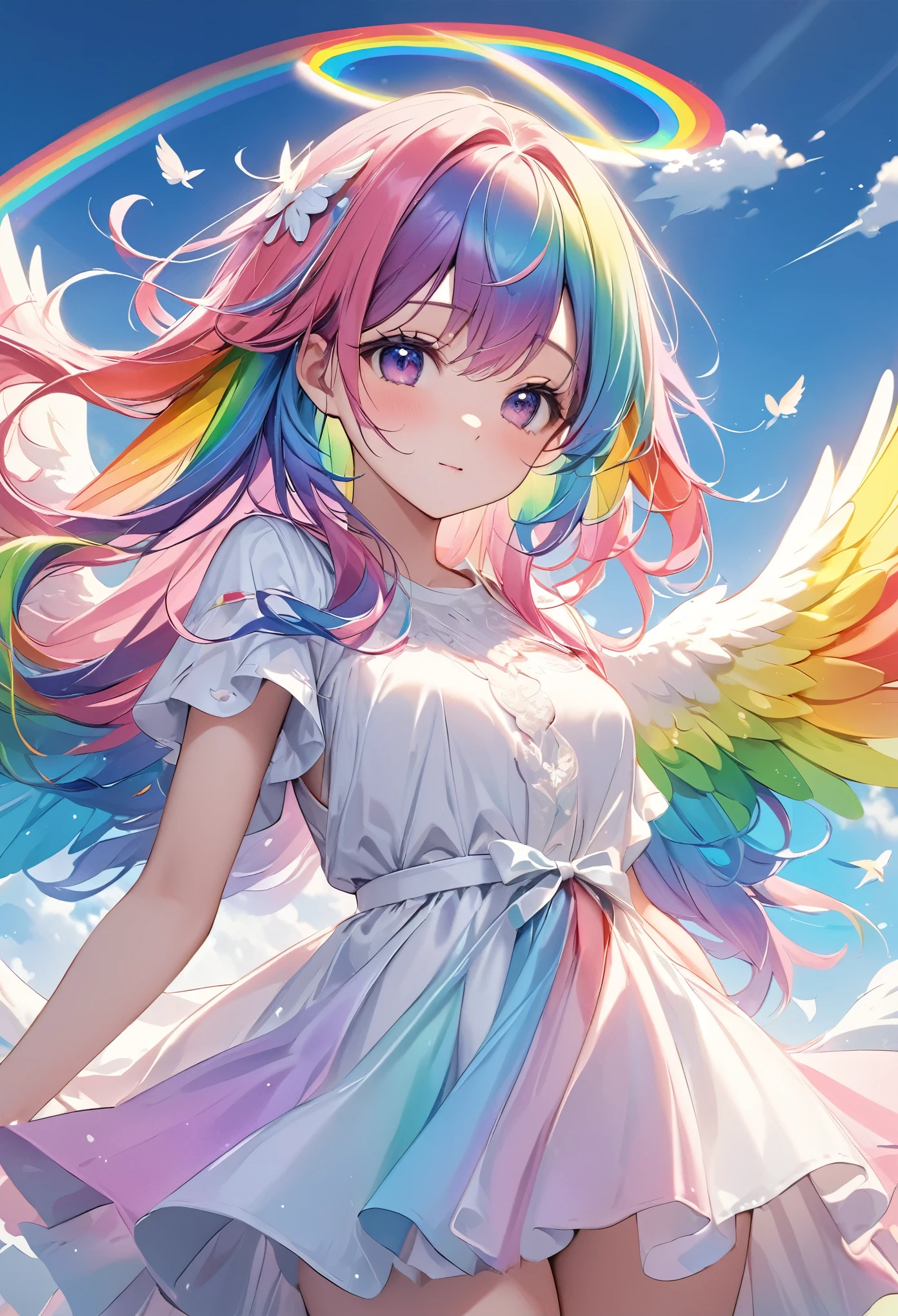Pale colors, ((Astonishingly absurd)), Ultra high resolution, Attention to detail, High quality, High resolution, Top quality, 4k, 8K, Artwork, Fantastic work,arm behind back、rainbow, rainbow hair, Long hair, Rainbow angel, Spread wings wide, ((Rainbow wings fluttering)), Beautiful angel, Cute angel