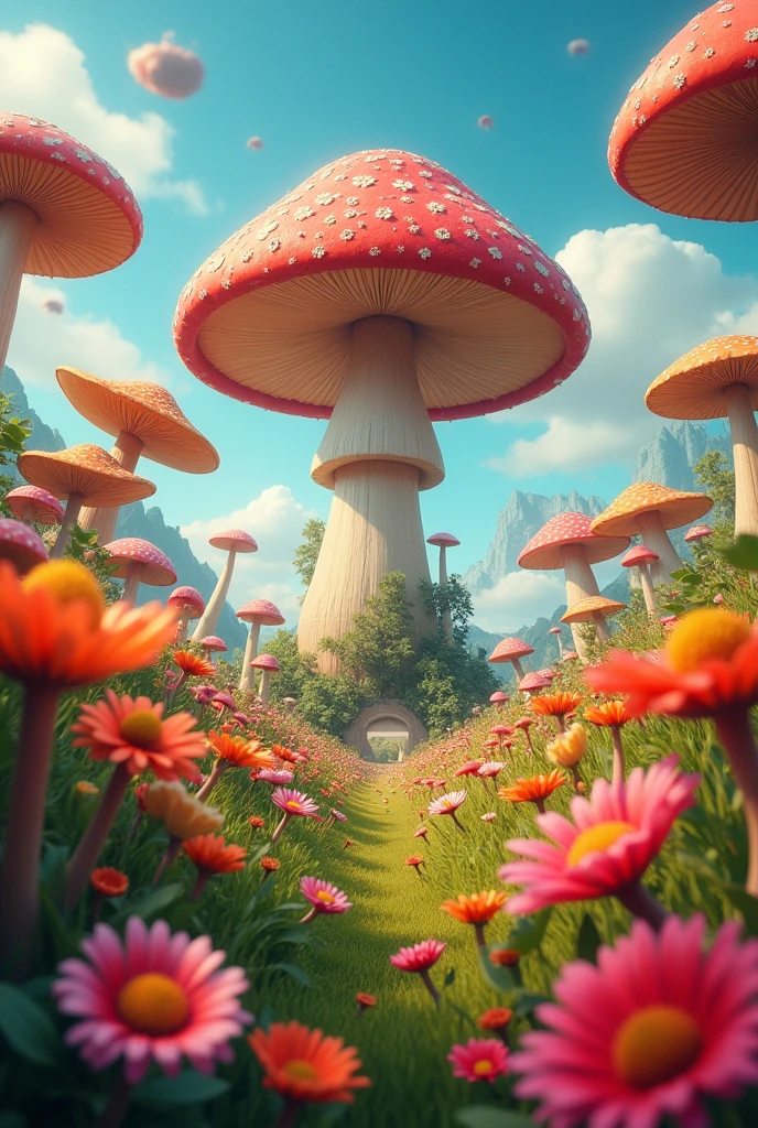 A movie poster, with a flower field full of giant mushrooms and big flowers, and a mushroom in the middle 