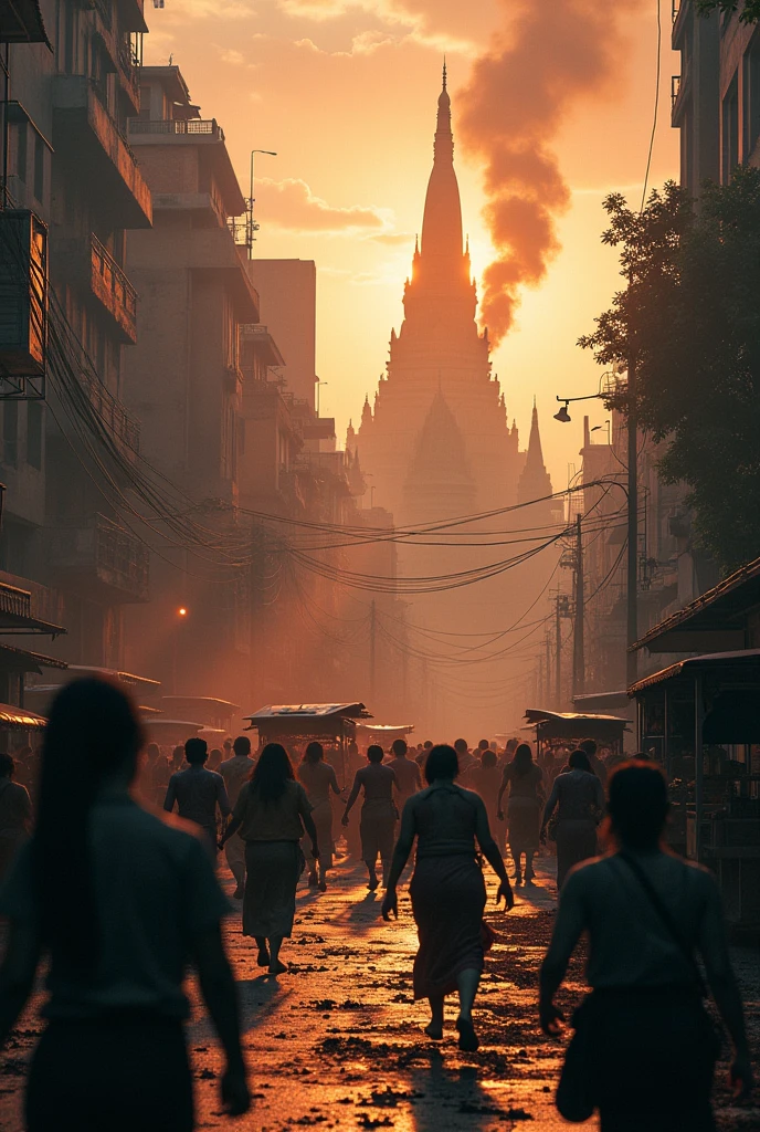 Visualize a cinematic film scene depicting a zombie apocalypse set in Thailand. The image should capture a dramatic and chaotic atmosphere with a high level of detail. In the foreground, show a busy Bangkok street overtaken by zombies—decay and destruction evident in overturned tuk-tuks and scattered street food stalls. Include iconic Thai landmarks, such as the Grand Palace or Wat Arun, partially in ruins or engulfed in smoke. The scene should be bathed in the eerie glow of a setting sun or twilight, with dramatic lighting and shadows adding to the intensity. Add survivors, possibly in traditional Thai attire, frantically seeking refuge or defending themselves, to emphasize the cultural setting. Convey a sense of urgency and dread, using cinematic techniques like dynamic angles, intense color grading, and a mix of close-ups and wide shots.
