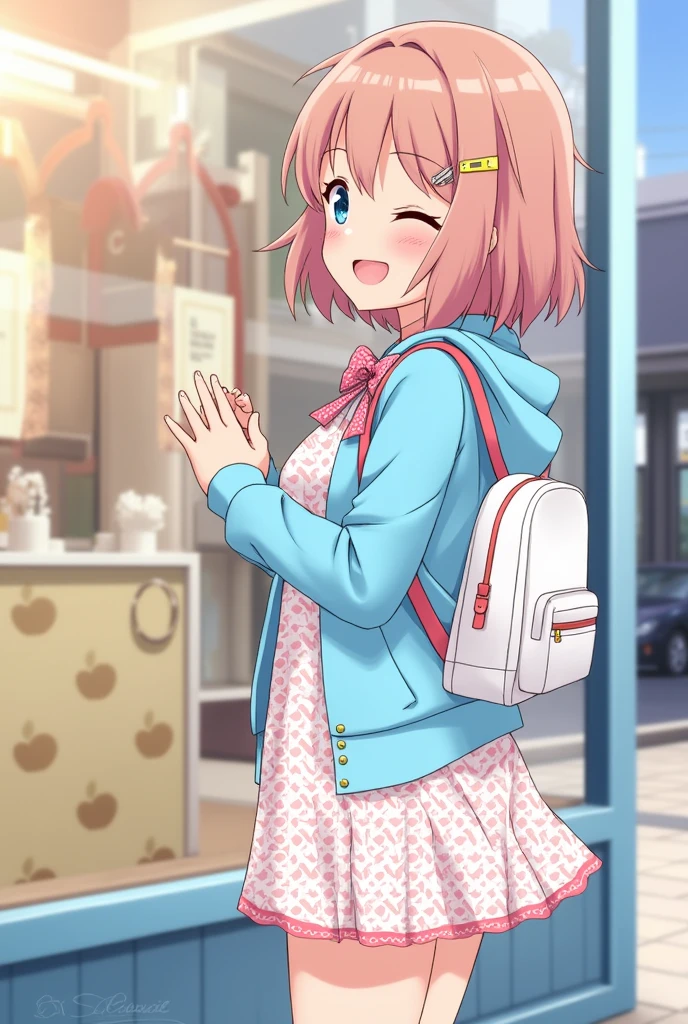 special_week_(umamusume), fudangi, hairclip, blue jacket, open jacket, print dress, pink dress, window shopping, small breasts, highres, upper body, smile, white backpack, solo, beast quality