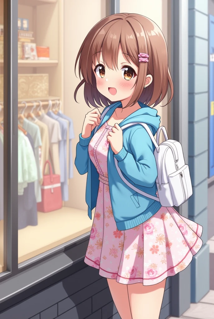 special_week_(umamusume), fudangi, hairclip, blue jacket, open jacket, print dress, pink dress, window shopping, small breasts, highres, upper body, smile, white backpack, solo, beast quality