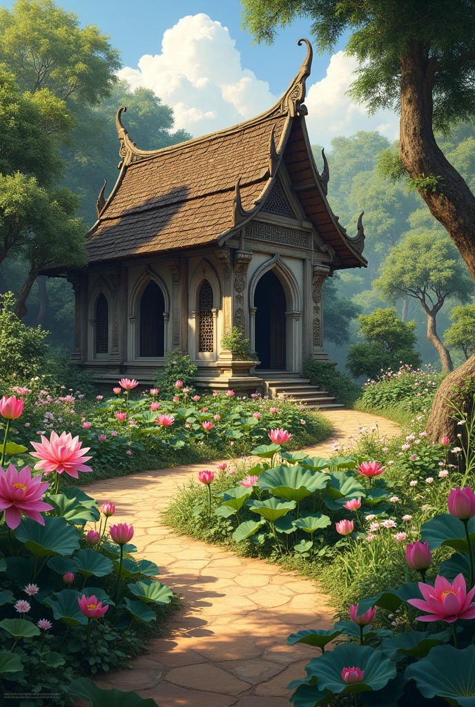 Flower garden in the Ayutthaya period next to an old, dilapidated hut