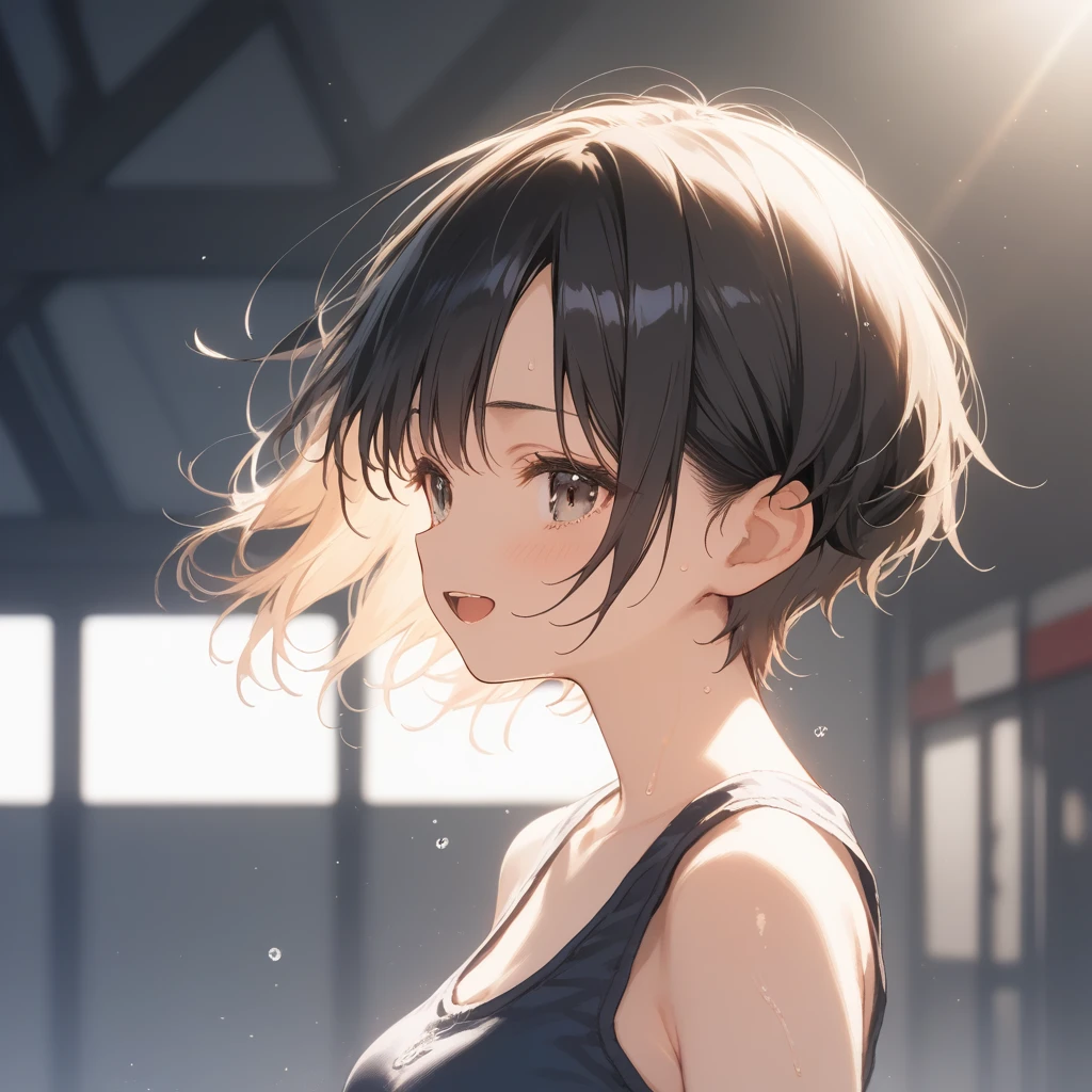 score_9, score_8_up, score_7_up, source_anime, best quality, masterpiece, official art, absurdres, highres, ultra-detailed,waifu2x,Collection: Slice of Life,break,1girl, short hair, pixie cut, flipped hair, soft breasts, beautiful (well-shaped) breasts,beautiful detailed eyes, sweat, gym shorts, (wavy mouth:0.3), open mouth, outdoors, (Detailed Lighting), (Detailed background),break,(clear line illustration:1.2), super detailed skin,very high resolution, very aesthetic, Best sexual lighting powered by famous artist, 8k, 16k, cute picture,beauty illustration,photoshop_(medium),,(Detailed Lighting),best anime 8k konachan wallpaper, pixiv contest winner,