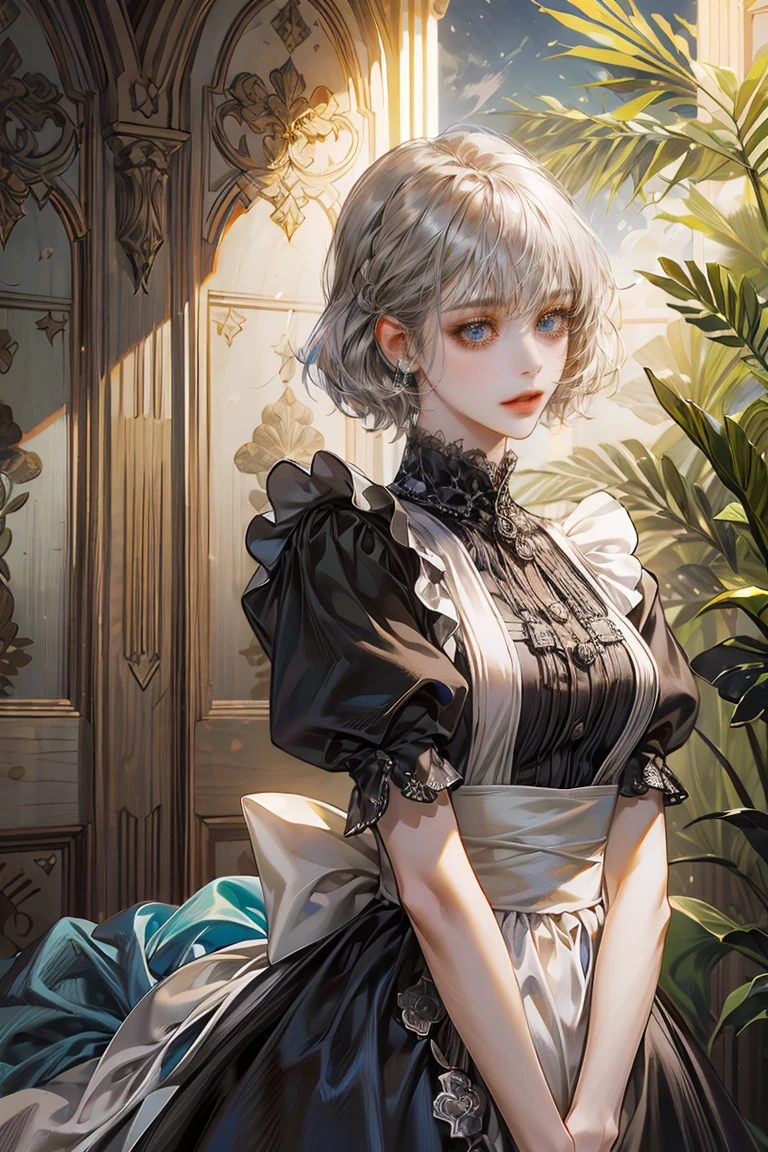 (masterpiece, top quality, best quality) pixel art, 1girl from head to waist, gray hair, Blue Eyes, Blue Maid Dress