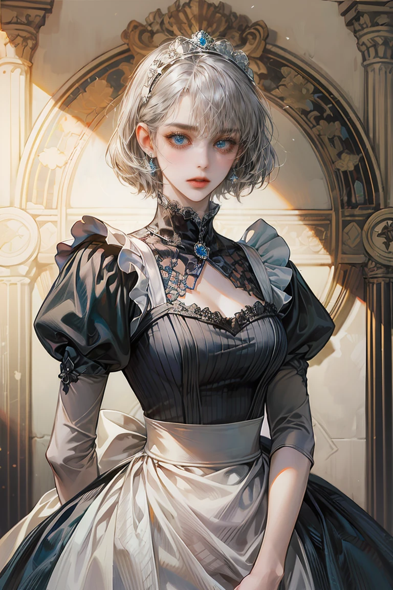 (masterpiece, top quality, best quality) pixel art, 1girl from head to waist, gray hair, Blue Eyes, Blue Maid Dress