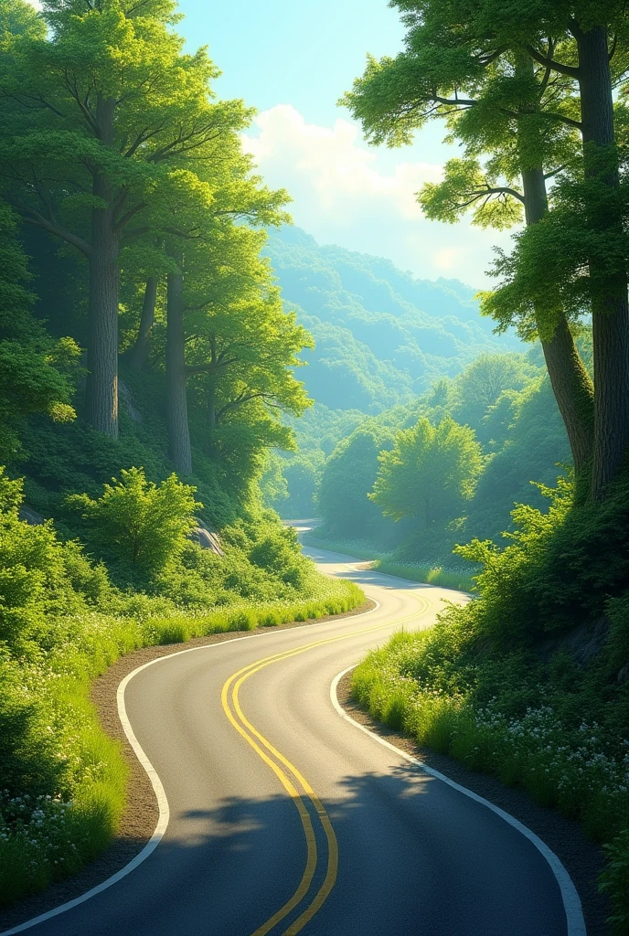 A curved road amongst lush greenery viewed from the top,on bright summer day
