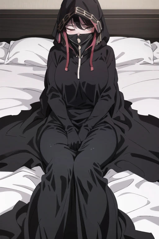 NNAssassinFSF, 1girl, solo, black hair, long cape sleeves, sleeves covered hands, long skirt, robe dress, long cape, cape, black cloak, hood up, black robe, covered mouth, white gloves, mask, hooded cloak, ((masterpiece, best quality)), from below, bed, lying down, eyes closed, blush, hugs 