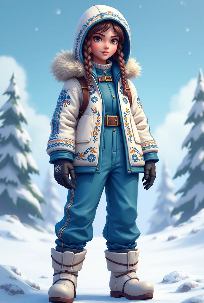 full length fortnite style girl, in a Russian winter suit, in Russian national style, white and blue clothes