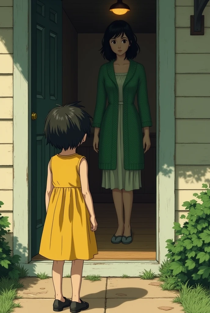 A girl wearing yellow sleeveless frock with short hair sees a lady inside a house with opened door a smallest chink that lady was
wearing green knitted cardigan