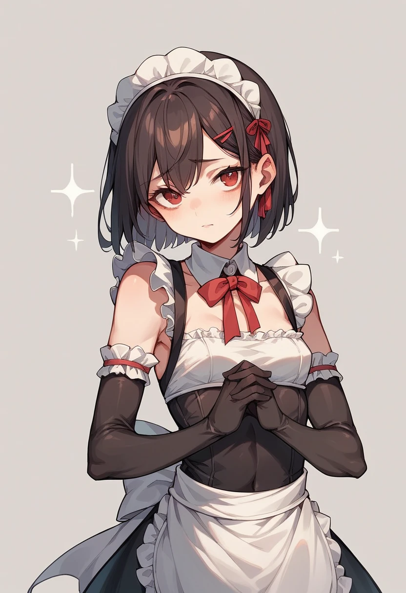 wearing a maid outfit。The maid outfit has a large opening at the chest.、The girl has small breasts。Her eyes are covered with cloth and she is wearing opera gloves.、Hands clasped in front。