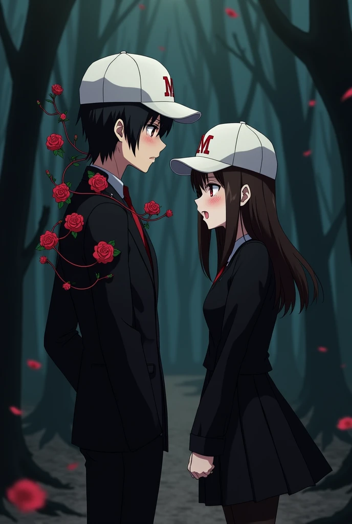 an anime man with black hair and dark maroon eyes and he is wearing a black suit with dark red rose vines twirling around his shoulders and he is wearing a white cap which has a M written on it in red and he is arguing with and an anime woman with long middle brunette hair and dark brown eyes and she is wearing a black outfit with black socks and black boots and she has the same cap as the anime man and they both are crying tears and they are standing in a dark forest and the man is saying "I think we should be just friends" and they are wearing white caps which have a M written on them in red and tears are coming out of their eyes and they are in sorrow and the woman is crying quietly with her head bent