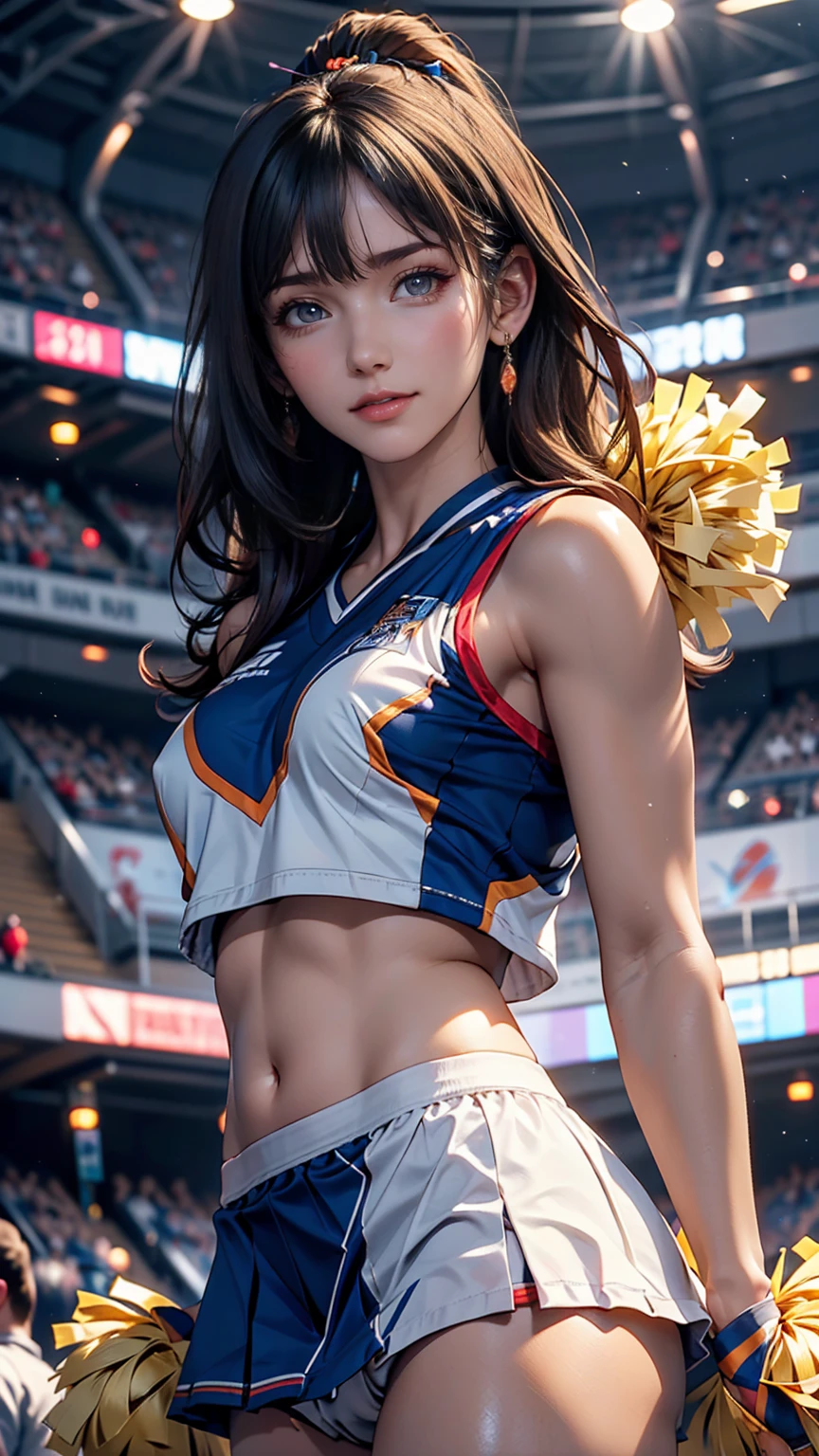 Cheerleader,A small smile,cheer leading,Cheerleader uniform, (((masterpiece))), (((Highest quality))), ((Very detailed)), (figure), ((Very delicate and beautiful)),(Bokeh,Blurred Background),(Best Shadow), One person,White panties, Black Hair, Long Hair, cute,cute,change, Shining highlight spots around the eyes, Character Focus,Tilt your head,