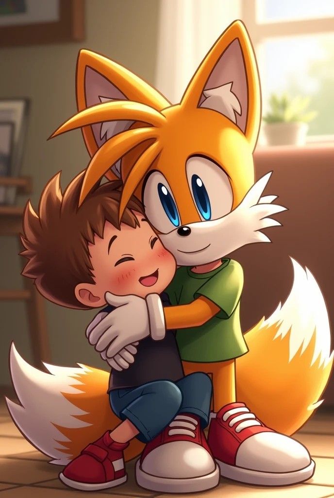 Tails hugging young boy with his shoes and gloves on cute 