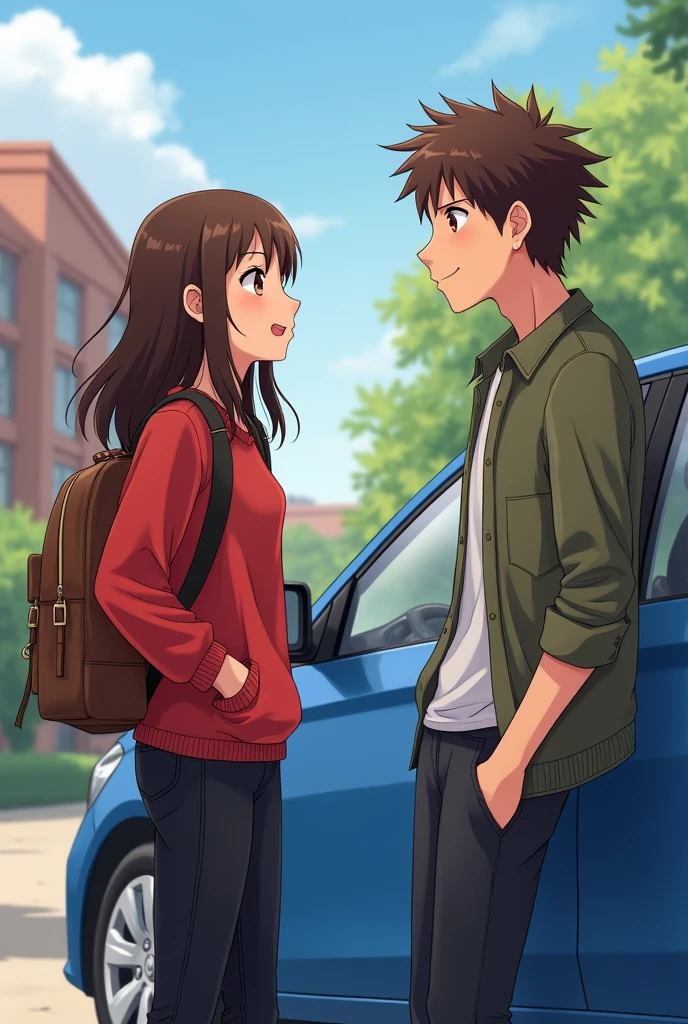 A girl with slightly long brown hair and brown eyes, of average height and with a brown backpack on his back, dressed in black jeans and a red long-sleeved sweater standing next to a blue car, with a slightly taller boy,with brown hair, and slightly disorganized leaning against the car saying something to the girl and in the background,a university residence with a campus
