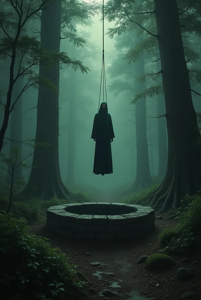 In the deep forest, a Muslim is hanging from a rope in a big well with a beehive next to it.